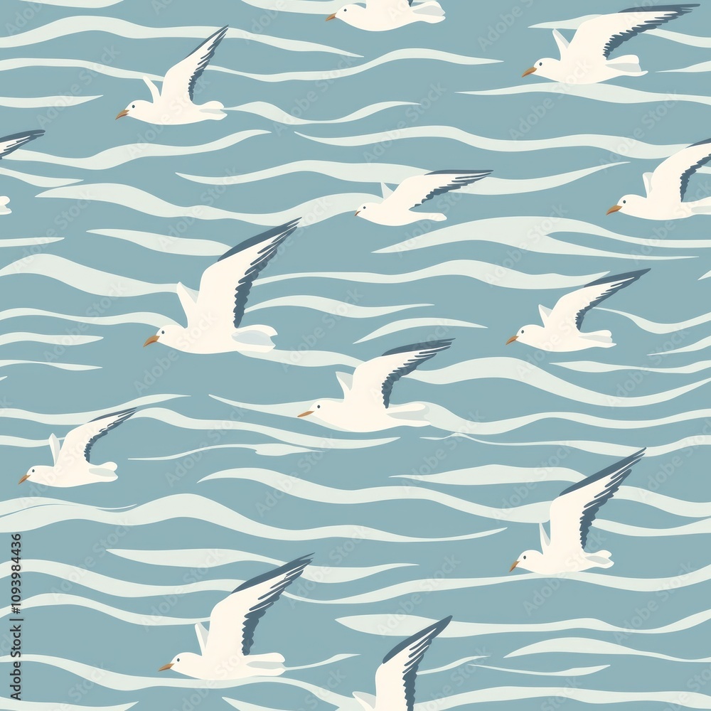 Seamless pattern of sailboats with white sails and ocean waves in blue Seamless pattern of sailboats with white sails and ocean waves in blue