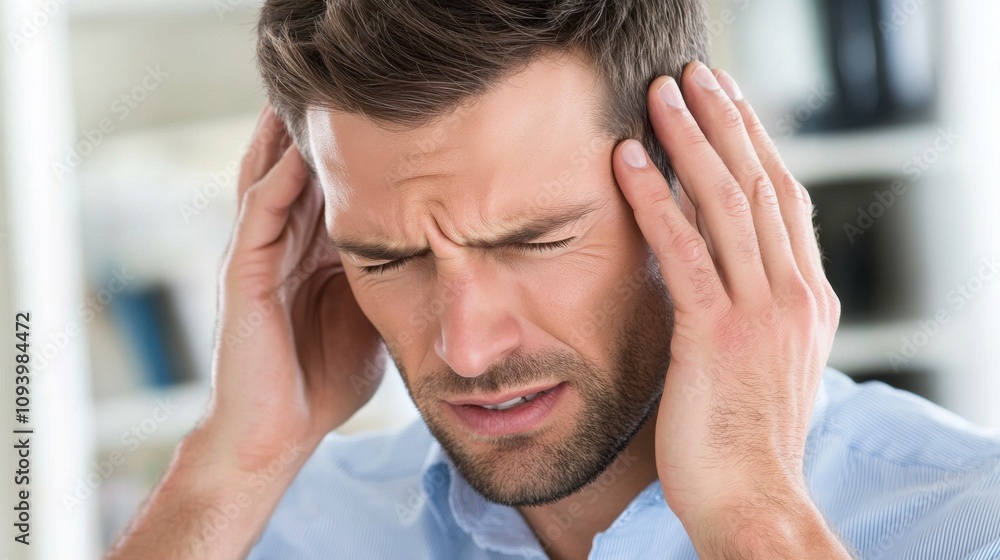 Businessman in Modern Office Holding Head in Hands Businessman in Modern Office Holding Head in Hands