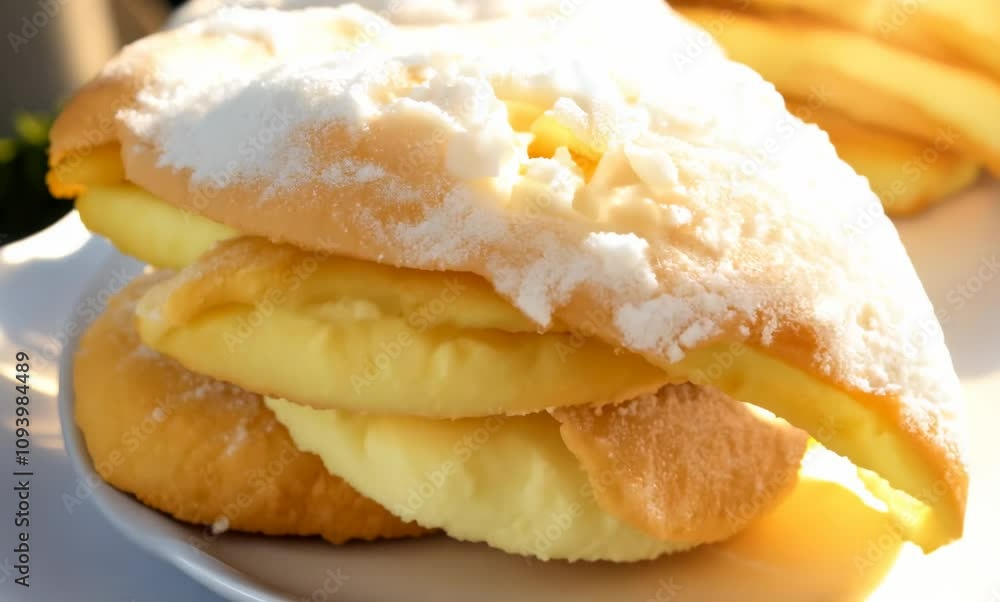 Fluffy Cream Pastry Dessert Sweet Delight with Powdered Sugar and Cream Filling Fluffy Cream Pastry Dessert Sweet Delight with Powdered Sugar and Cream Filling