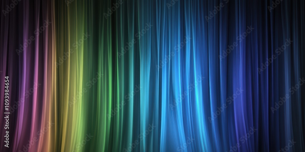Vibrant Colorful Curtain Background with Smooth Flowing Lines Displaying a Gradation of Rainbow Hues Illuminating a Dark Atmosphere for Creative Visuals Vibrant Colorful Curtain Background with Smooth Flowing Lines Displaying a Gradation of Rainbow Hues Illuminating a Dark Atmosphere for Creative Visuals