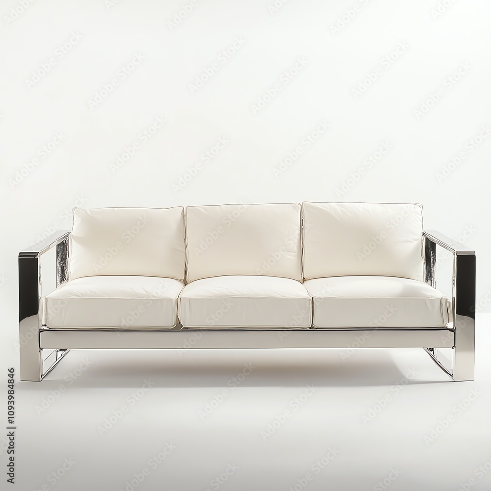 Modern white sofa with sleek chrome frames and plush cushions, ideal for contemporary spaces. Modern white sofa with sleek chrome frames and plush cushions, ideal for contemporary spaces.