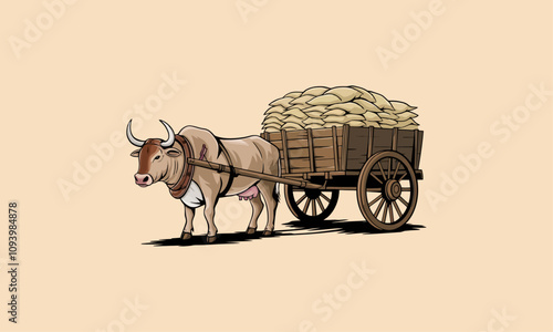 Ox pulling a wooden cart loaded with sacks.