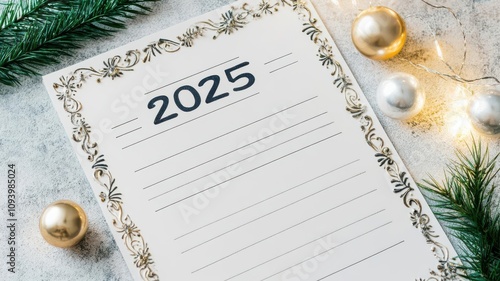 A blank New Year resolution page labeled 2025 Resolutions with decorative borders and space for writing goals photo