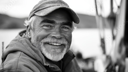 Smiling seventies fisherman with large mustache, dressed in vintage northern Norwegian attire, black and white portrait capturing rugged charm and timeless storytelling.