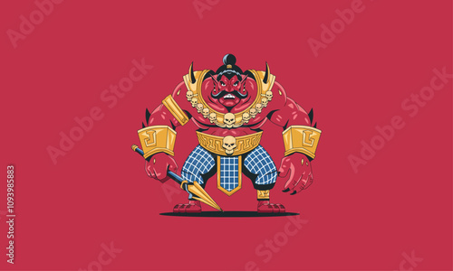 Fierce red demon warrior holding a spear with skull armor.