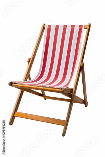 Red and white striped deck beach chair, classic design with wooden frame, isolated 