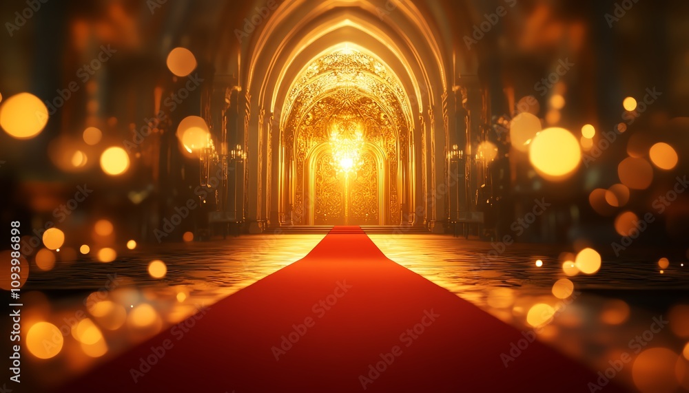Elegant entrance with golden lights and red carpet. Elegant entrance with golden lights and red carpet.