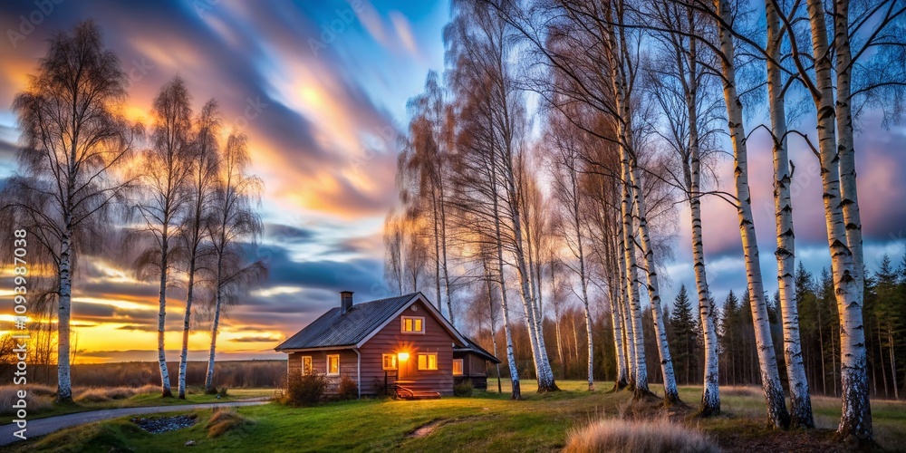 Serene Long Exposure of a Cozy Little House Embraced by Graceful Birch Trees in a Tranquil Natural Setting at Dusk with Softly Flowing Clouds and Gentle Lighting Serene Long Exposure of a Cozy Little House Embraced by Graceful Birch Trees in a Tranquil Natural Setting at Dusk with Softly Flowing Clouds and Gentle Lighting