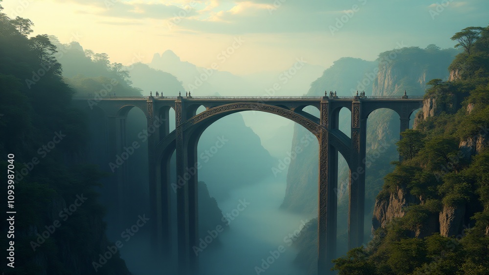 A stunning stone bridge spans a peaceful mountain valley with lush greenery and a flowing river below, bathed in soft morning light, symbolizing connection and tranquility. A stunning stone bridge spans a peaceful mountain valley with lush greenery and a flowing river below, bathed in soft morning light, symbolizing connection and tranquility.