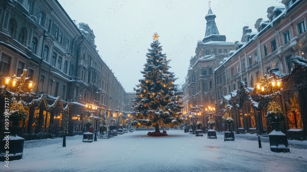 Obraz premium A snow-covered city square with a large Christmas tree in the center,