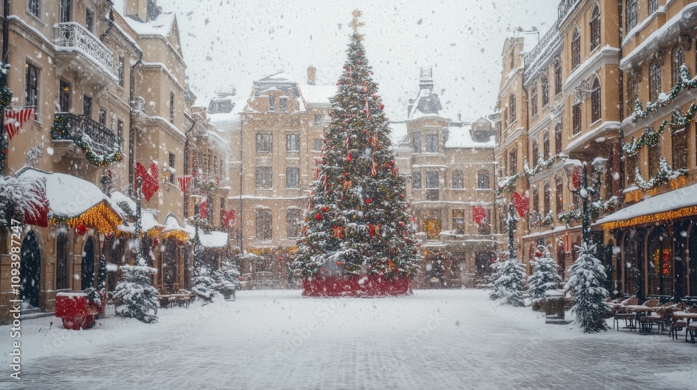 A snow-covered city square with a large Christmas tree in the center, A snow-covered city square with a large Christmas tree in the center,