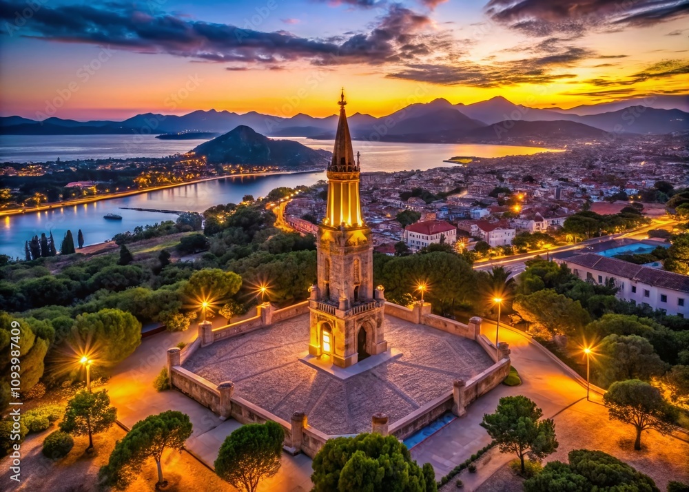 Fototapeta premium Serene Low Light Capture of Karl I Monument in Alcudia, Mallorca, Highlighting Historical Architecture Under a Twilight Sky