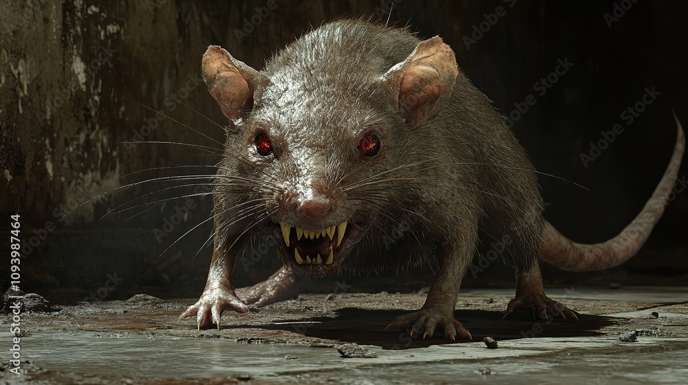 Aggressive rat with red eyes in dark setting. Aggressive rat with red eyes in dark setting.