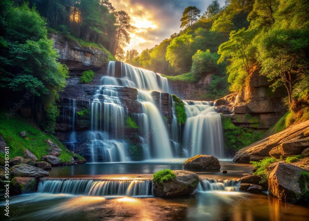 Fototapeta premium Serene Low Light Photography of a Majestic Waterfall Surrounded by Lush Green Trees on the Riverbank at Dusk, Capturing the Tranquility of Nature's Beauty