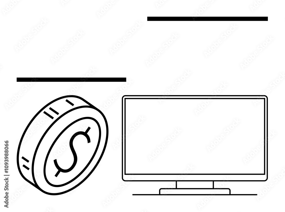 Coin with dollar sign leaning beside a computer screen. Ideal for finance, technology, e-commerce, online transactions, investment, fintech, digital marketing. Line metaphor Coin with dollar sign leaning beside a computer screen. Ideal for finance, technology, e-commerce, online transactions, investment, fintech, digital marketing. Line metaphor