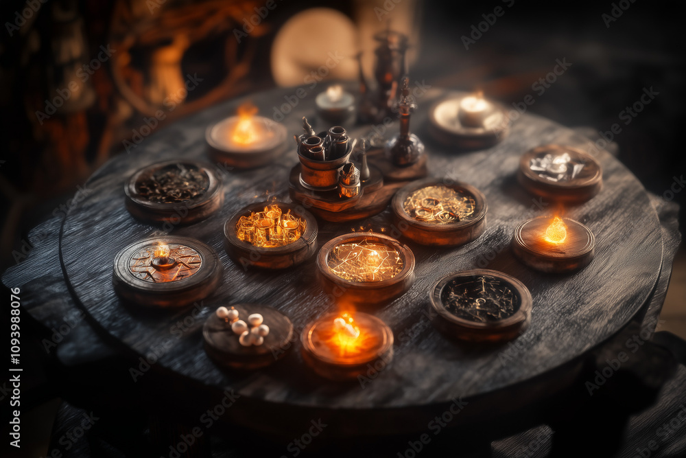 An alchemical table with various minerals and stones, witchcraft background... An alchemical table with various minerals and stones, witchcraft background...