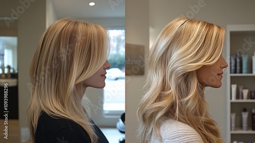 A client getting highlights and lowlights applied simultaneously, creating depth and dimension with alternating shades of caramel and honey blonde for a natural, sun-kissed effect photo