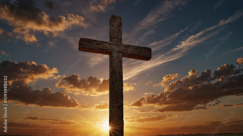Christian Cross on the field with sunset sky background, ai Christian Cross on the field with sunset sky background, ai