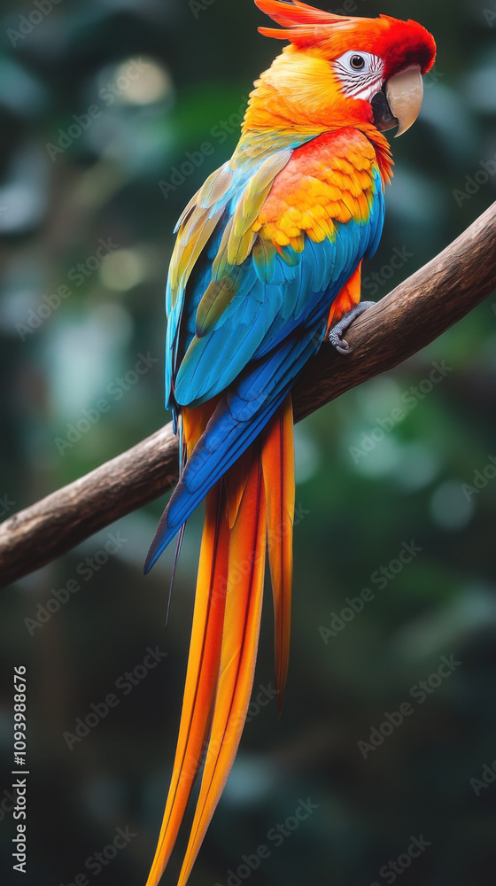 Obraz premium A beautiful bird with vibrant feathers, resembling the parrot's plumage in color and pattern. The head is blue or red, while its body has orange to yellow hues, resembling scales on top of it.