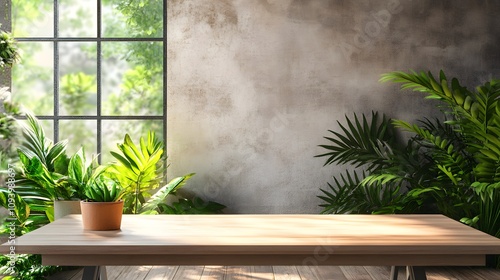 A modern study room featuring a wooden table, vibrant indoor plants, and a large open window
