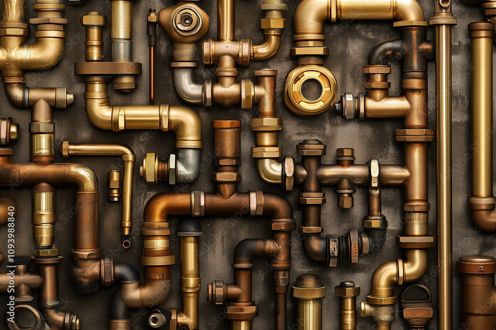 A piping system made of brass pipes on a flat abstract background... A piping system made of brass pipes on a flat abstract background...