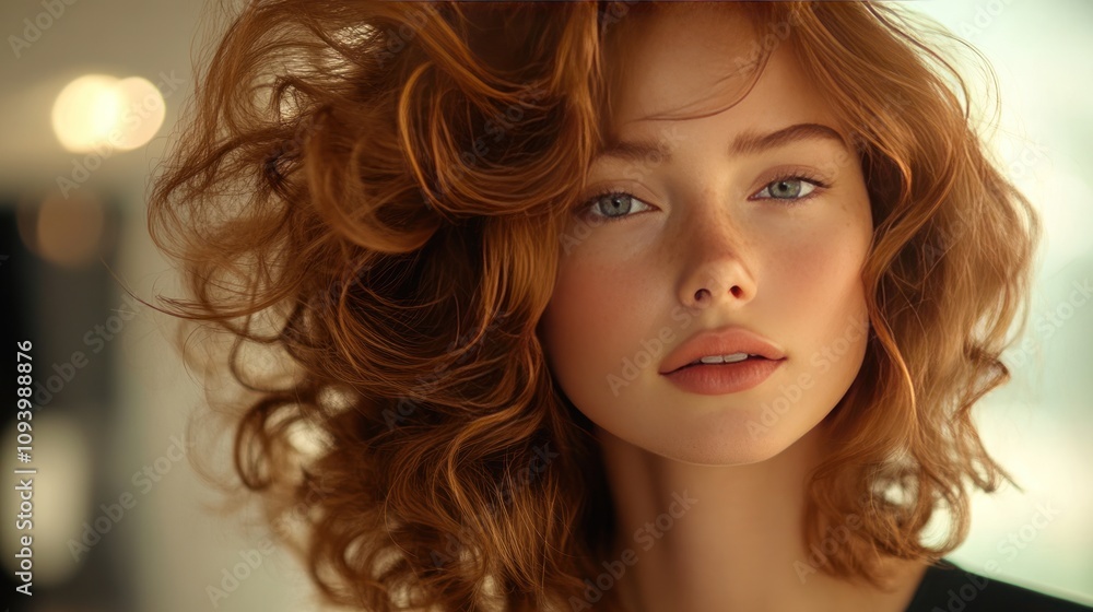 Fototapeta premium Curly-haired client blow-dries her hair with a diffuser, which gives her curls more volume and bounce, while preserving their natural texture without frizz.