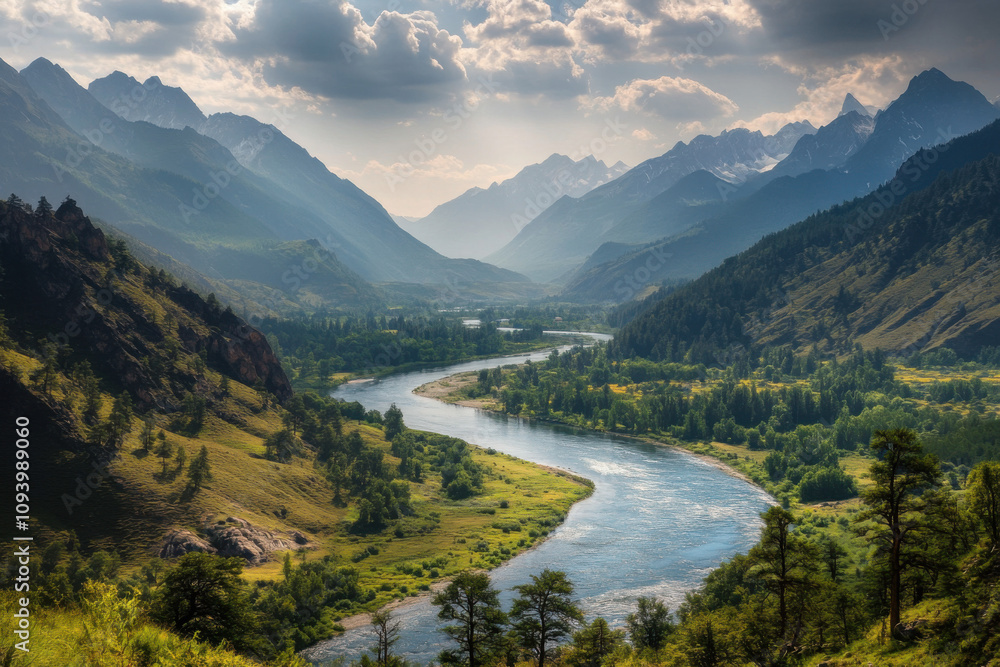 Obraz premium A wide river winding through a lush valley, its waters sparkling in the sunlight. The valley is surrounded by towering mountains, their peaks capped with snow. The air is fresh and cool, 