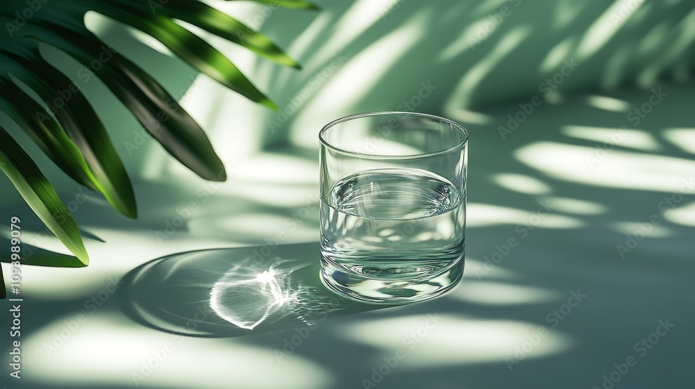 Minimalist glass of water on a soft green surface with sunlight and sharp leaf shadows, photorealistic textures, shimmering light refraction, and elegant, serene, refreshing design. Minimalist glass of water on a soft green surface with sunlight and sharp leaf shadows, photorealistic textures, shimmering light refraction, and elegant, serene, refreshing design.