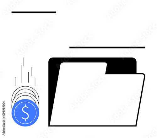 Coins with dollar signs falling into a folder symbolizing financial management, savings, and digital transactions. Ideal for budget planning, accounting, transaction tracking, business finance