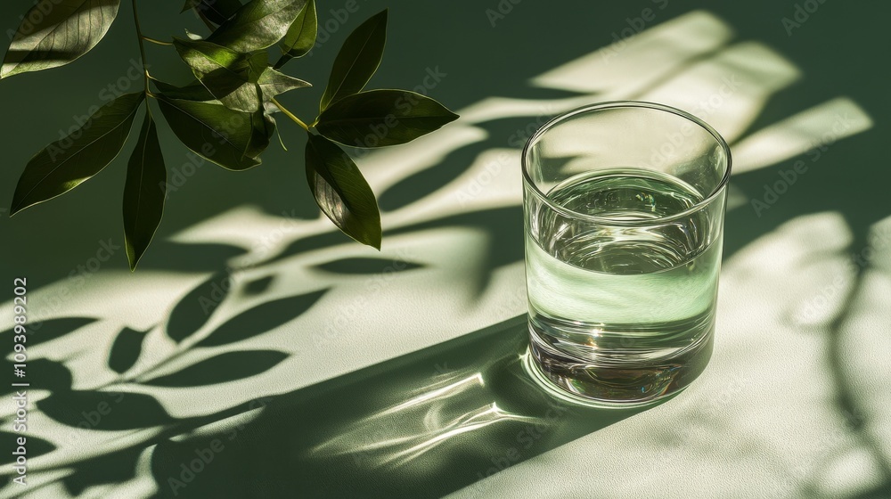 Minimalist glass of water on a soft green surface with sunlight and sharp leaf shadows, photorealistic textures, shimmering light refraction, and elegant, serene, refreshing design. Minimalist glass of water on a soft green surface with sunlight and sharp leaf shadows, photorealistic textures, shimmering light refraction, and elegant, serene, refreshing design.