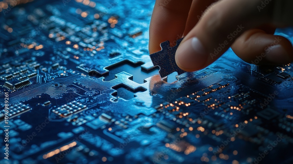 Hand placing the final piece of the puzzle on a shiny blue digital background with circuit boards and technology elements. Futuristic business concept for marketing or social media design Hand placing the final piece of the puzzle on a shiny blue digital background with circuit boards and technology elements. Futuristic business concept for marketing or social media design