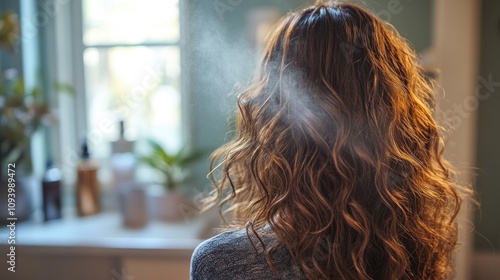 A person blow-drying their hair at home, using a heat protectant spray and a diffuser attachment to enhance natural curls while reducing heat damage photo