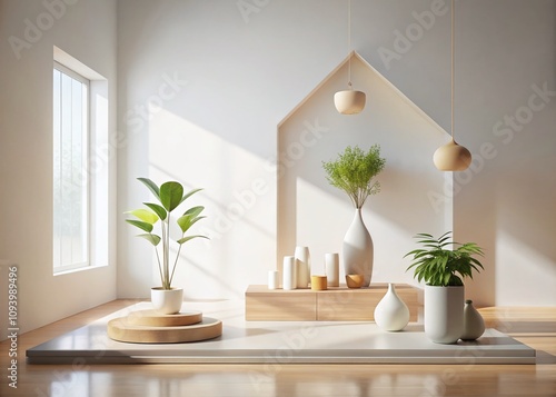 Serene Minimalist Photography of a Tranquil Biae Domy Environment with Soft Natural Light, Simple Geometric Shapes, and Calming Color Palettes for a Peaceful Atmosphere photo