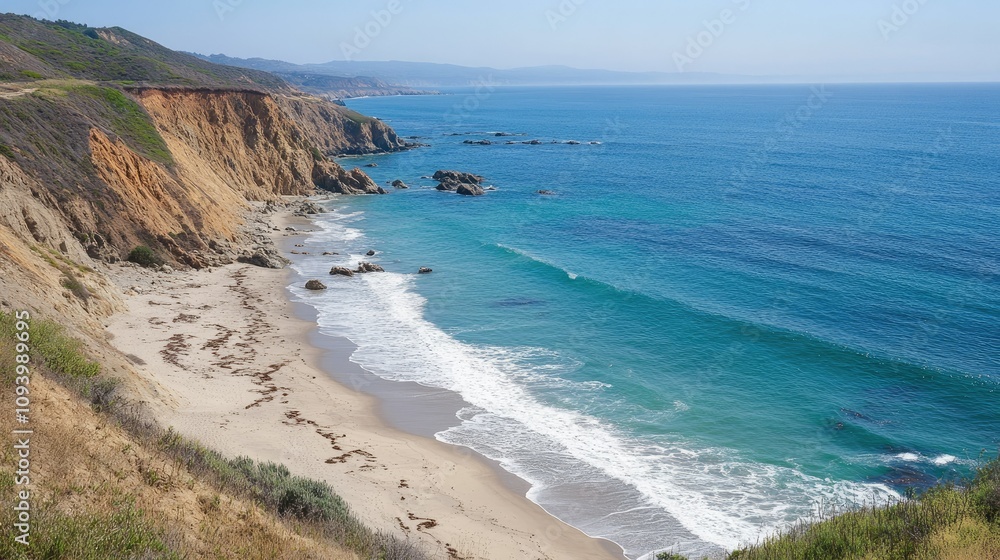A picturesque view of a sandy beach with turquoise water and rocky cliffs on a sunny day. A picturesque view of a sandy beach with turquoise water and rocky cliffs on a sunny day.