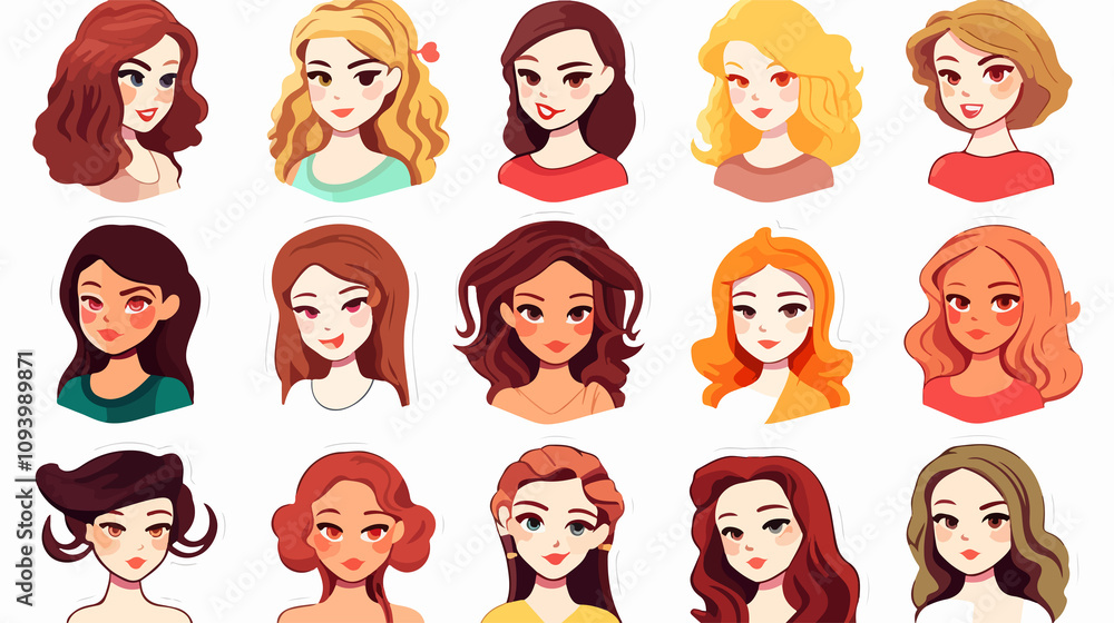 Set of Flat Portraits Sticker with White Stroke - Professional Image Usage Set of Flat Portraits Sticker with White Stroke - Professional Image Usage