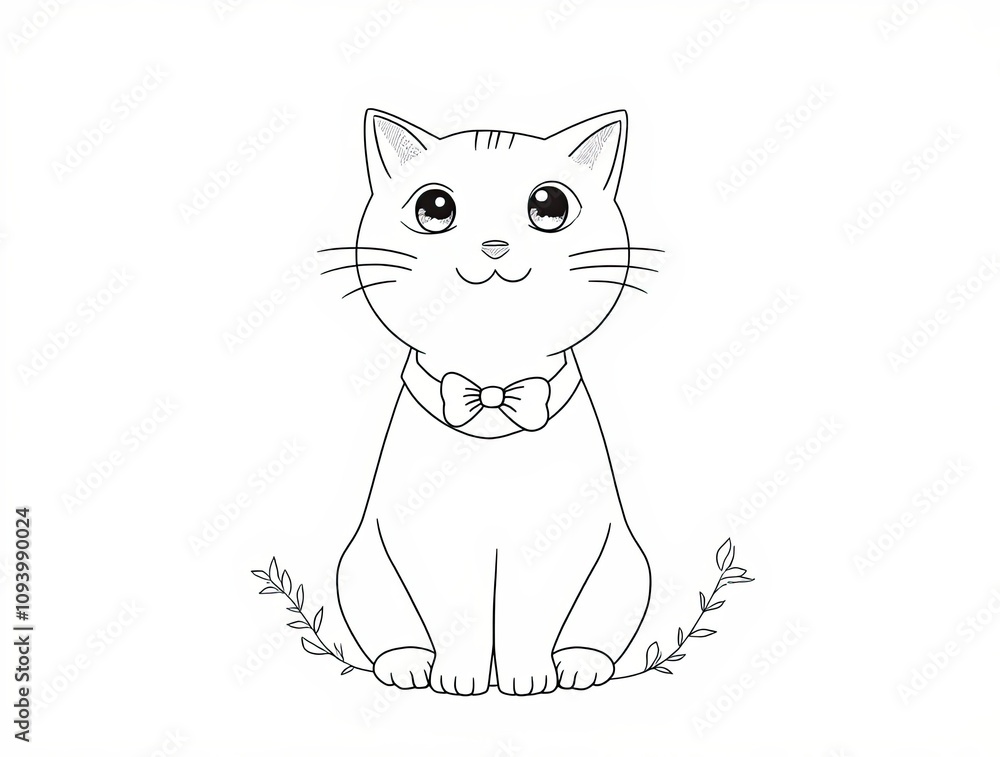 Fototapeta premium Adorable Outline Drawing of a Cat Wearing a Bow Tie, Simple Line Art Illustration of a Feline with Delicate Floral Accents, Perfect for Coloring Pages, Greeting Cards or Children's Book Illustrations