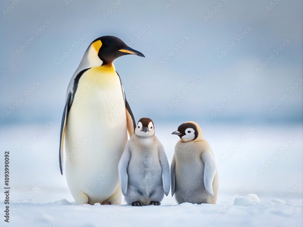 Obraz premium Serene Minimalist Scene of Emperor Penguins with Chick in a Snowy Landscape, Capturing the Bond of Family in Nature's Quiet Embrace