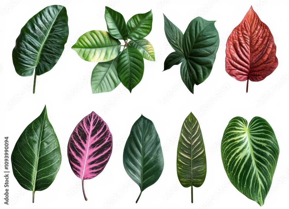Obraz premium A collection of ten tropical leaves isolated on a white background.