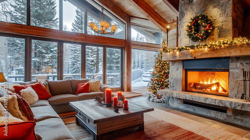 A warm and cozy living room with a crackling fireplace, decorated for the holiday season, surrounded by winter views. 