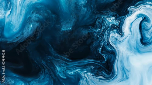 Swirling blue and white abstract pattern evokes ocean waves and flowing water textures in a vibrant display of color