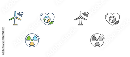 Renewable Energy and Sustainability Icons. Wind turbine icon, renewable energy symbol, eco-friendly earth illustration, sustainable heart graphic, nuclear energy icon.