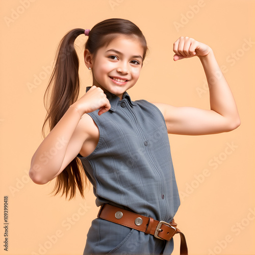 Photo portrait of pretty young girl show muscle flexing dressed stylish gray outfit isolated on beige color background photo