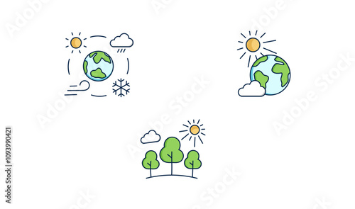 Climate and Environmental Conservation Icons. Global climate icon, seasonal changes graphic, earth sustainability symbol, forest conservation icon, tree planting illustration.