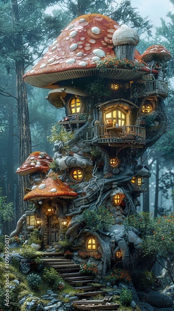 Obraz premium Enchanted Mushroom House in a Magical Forest: A Whimsical Fantasy Home