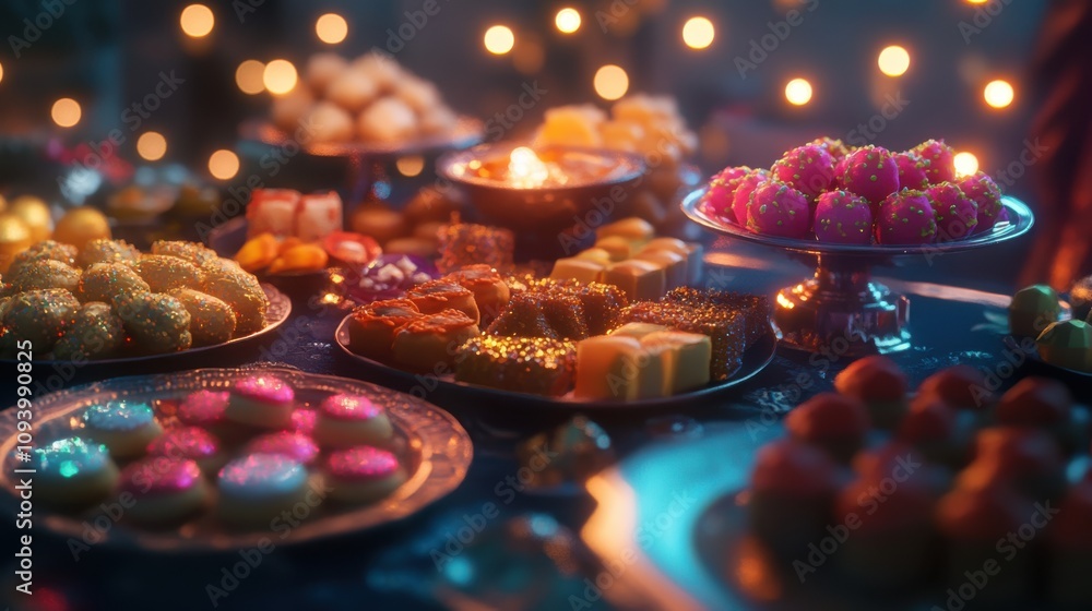 AI-generated scene of a Diwali dessert table with colorful mithai AI-generated scene of a Diwali dessert table with colorful mithai