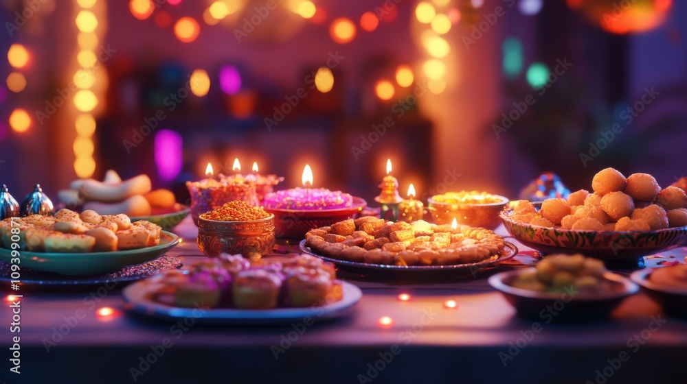 AI-generated scene of a Diwali dinner table with traditional dishes, AI-generated scene of a Diwali dinner table with traditional dishes,