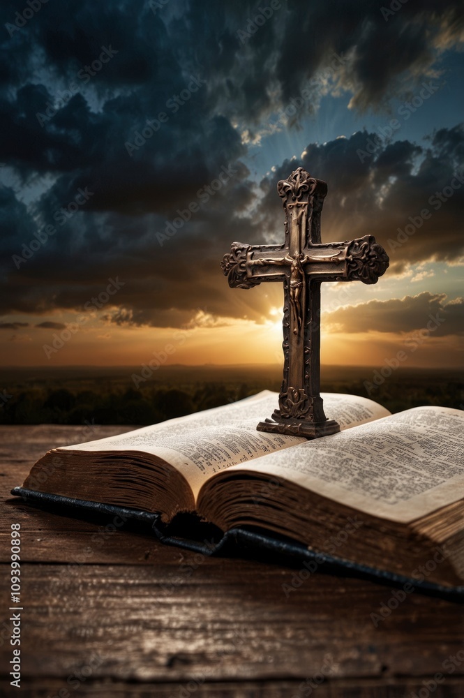 Illuminated cross on a Holy Bible. with a dramatic background sky, ai Illuminated cross on a Holy Bible. with a dramatic background sky, ai
