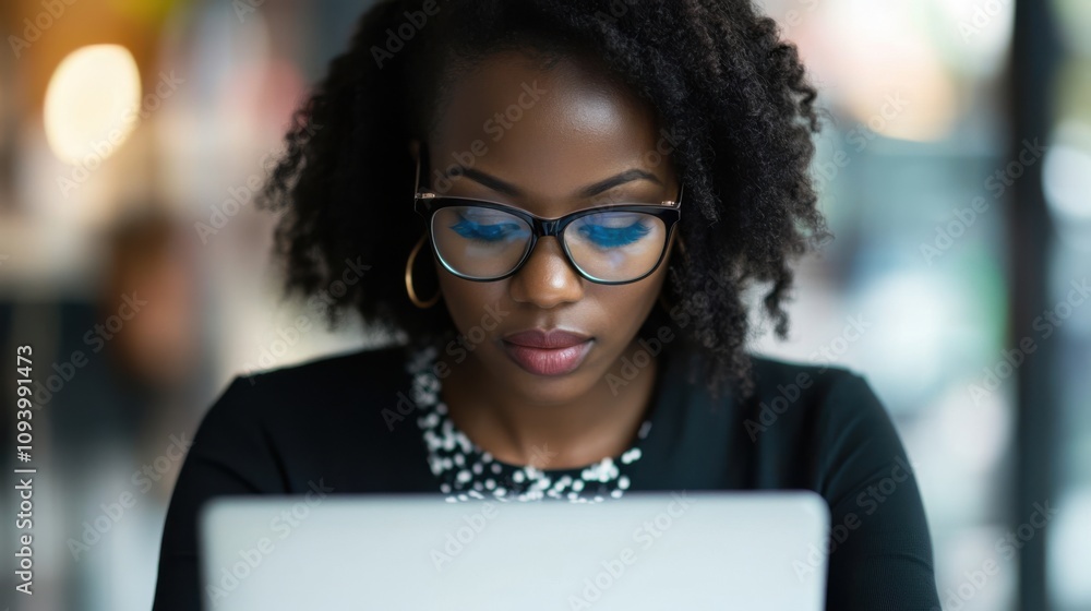 An African American woman sitting at her desk, cross-referencing An African American woman sitting at her desk, cross-referencing