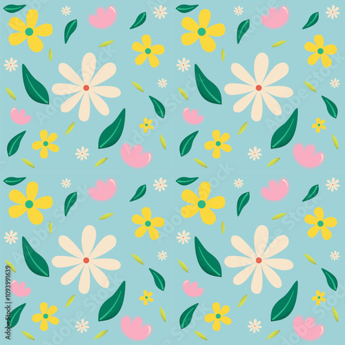 Adorable Floral with leaves seamless pattern in blue pastel background colour