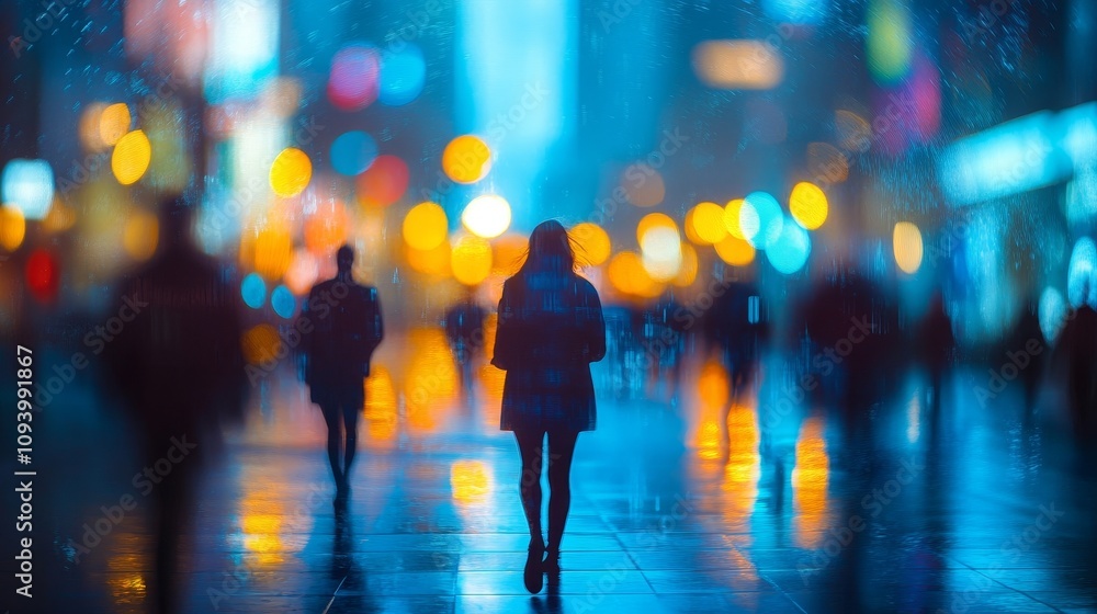 Blurred background with a mix of vibrant cityscape, silhouettes of men and women in a first-person perspective, featuring blue, yellow, and greenish-blue tones, creating depth of field effect. Blurred background with a mix of vibrant cityscape, silhouettes of men and women in a first-person perspective, featuring blue, yellow, and greenish-blue tones, creating depth of field effect.